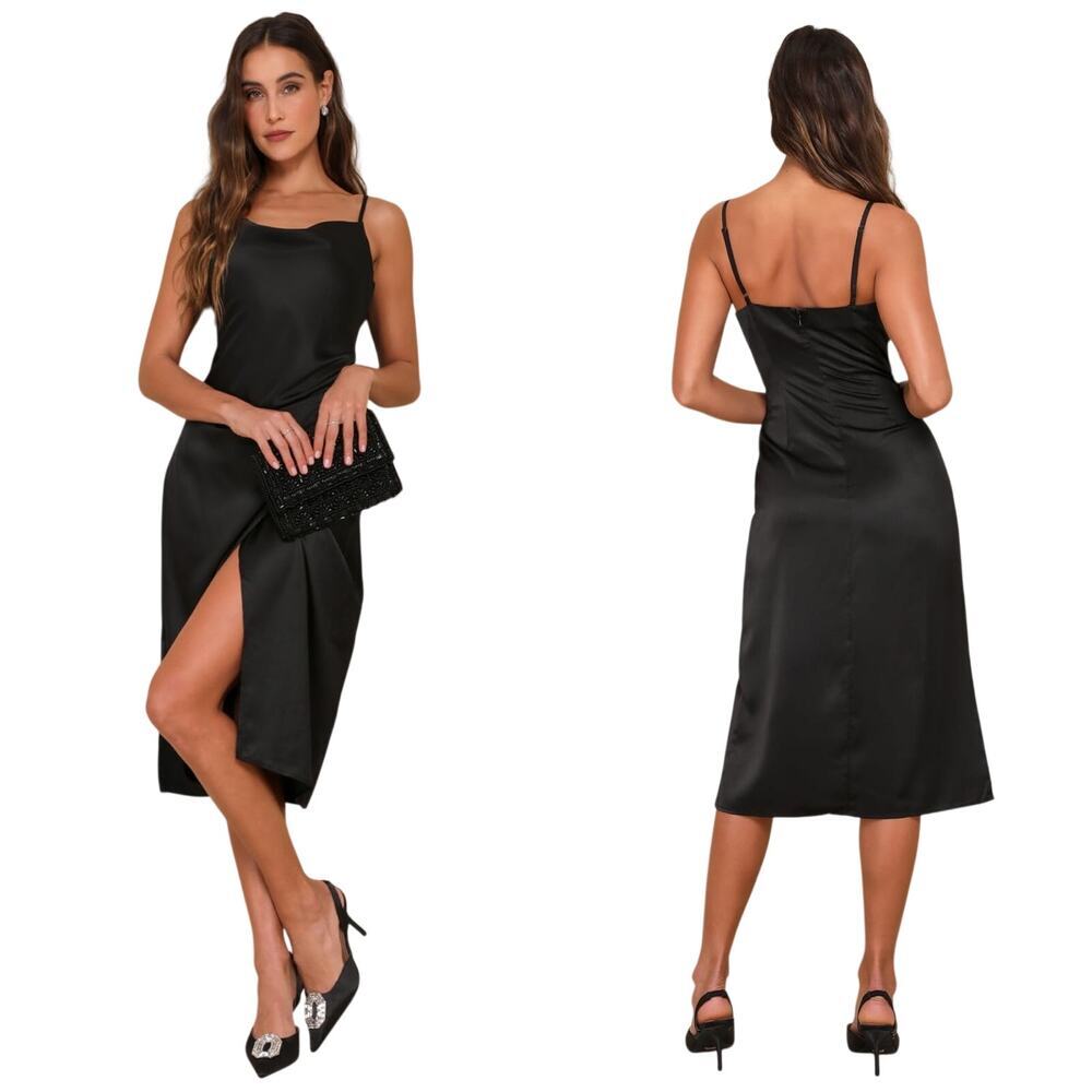 Lulus Hollywood Woman Black Satin Midi Dress size Medium NWT